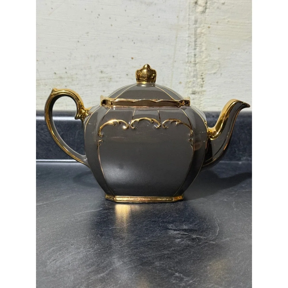 Sadler Cube Vtg Gray Ceramic Teapot 22k Gold Gilt Trim Ornate Scroll Design 1922